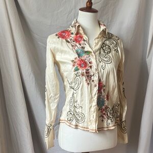 Johnny Was Silk Button-Down Shirt with Pink & Teal Embroidery